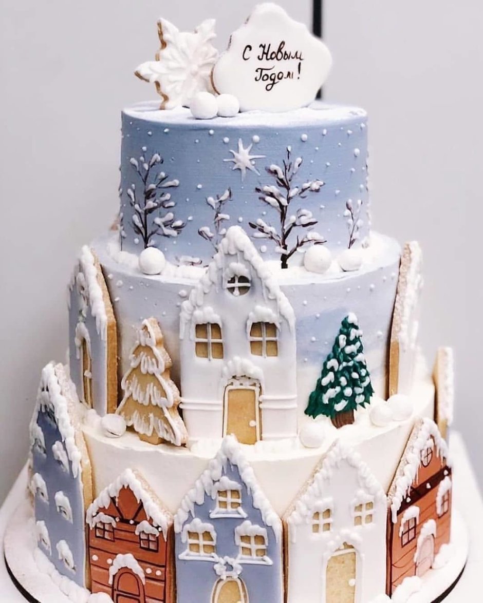 Новогодний торт с шарами и снежинками