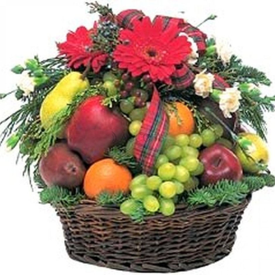 Корзина с фруктами и цветами красные