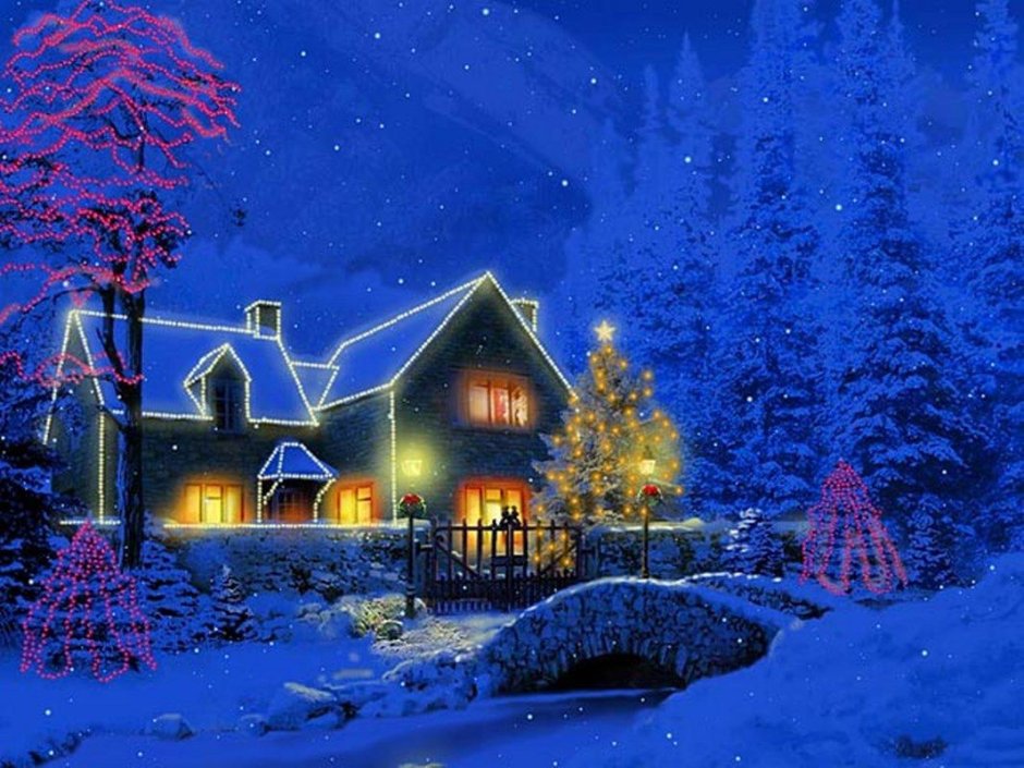 Сказочный зимний домик с елкой
