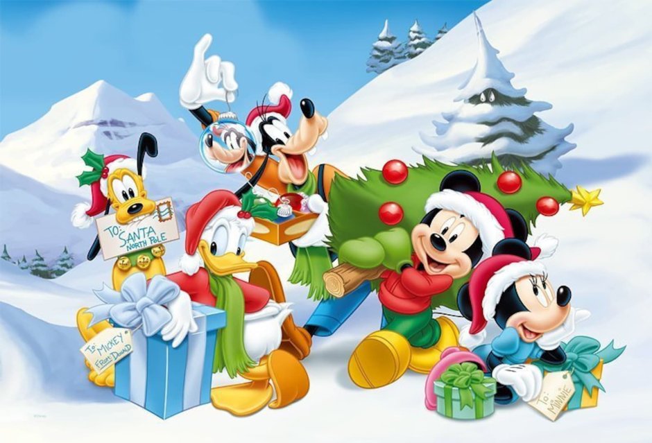 Всего и его друзья новый. Дисней Рождество Микки Маус. Новогодние персонажи. Новогодние мультяшки. Новогодние герои мультфильмов.