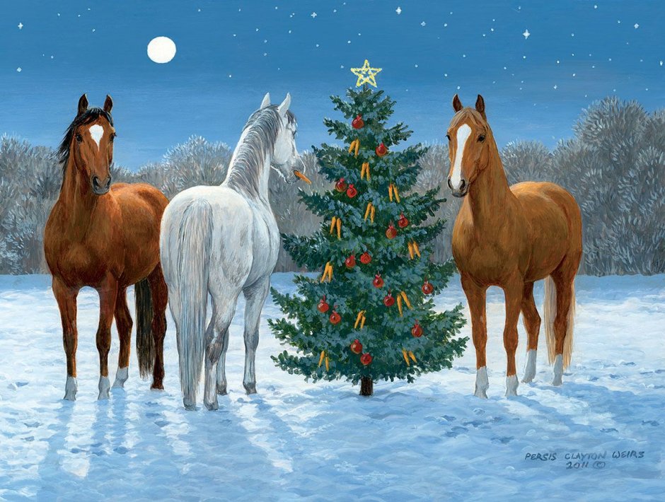 Новогодний пейзаж с лошадьми
