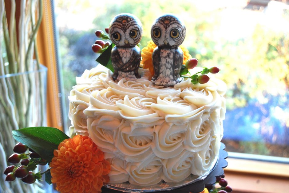 Свадебный торт с совами и фруктами