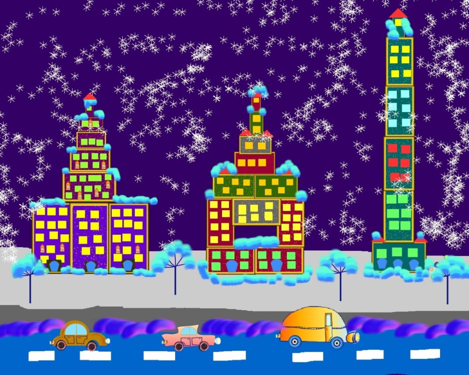 Рисование зимнего ночного города для детей
