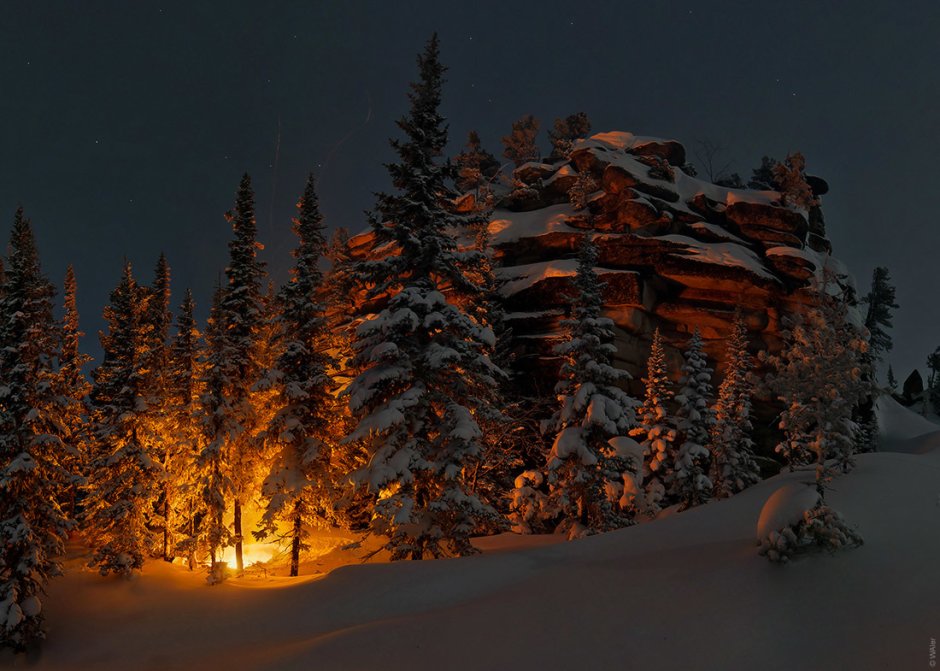 Огонь в зимнем лесу