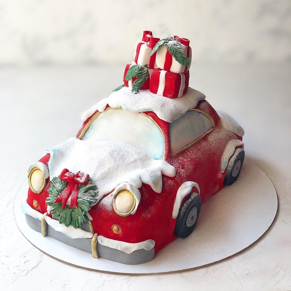 Новогодний торт с машиной и елкой