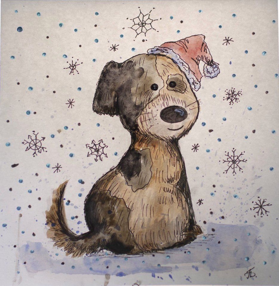 Акварельные открытки на новый год с собачками