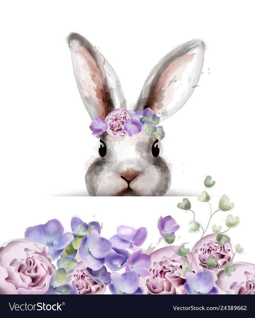 Кролик с цветами акварель