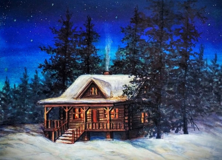 Картина дом в лесу зимой