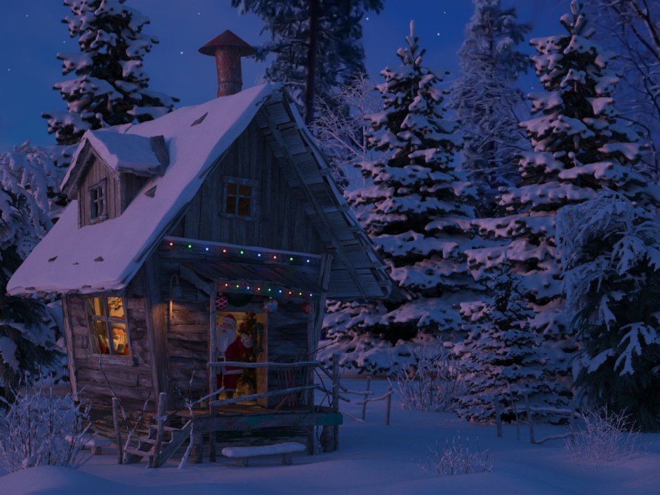 Волшебный домик в зимнем лесу