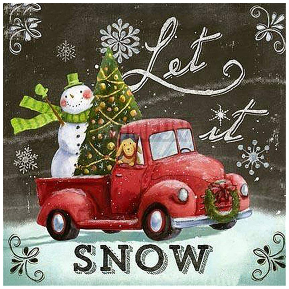 Новогодняя открытка с красной машиной и елкой