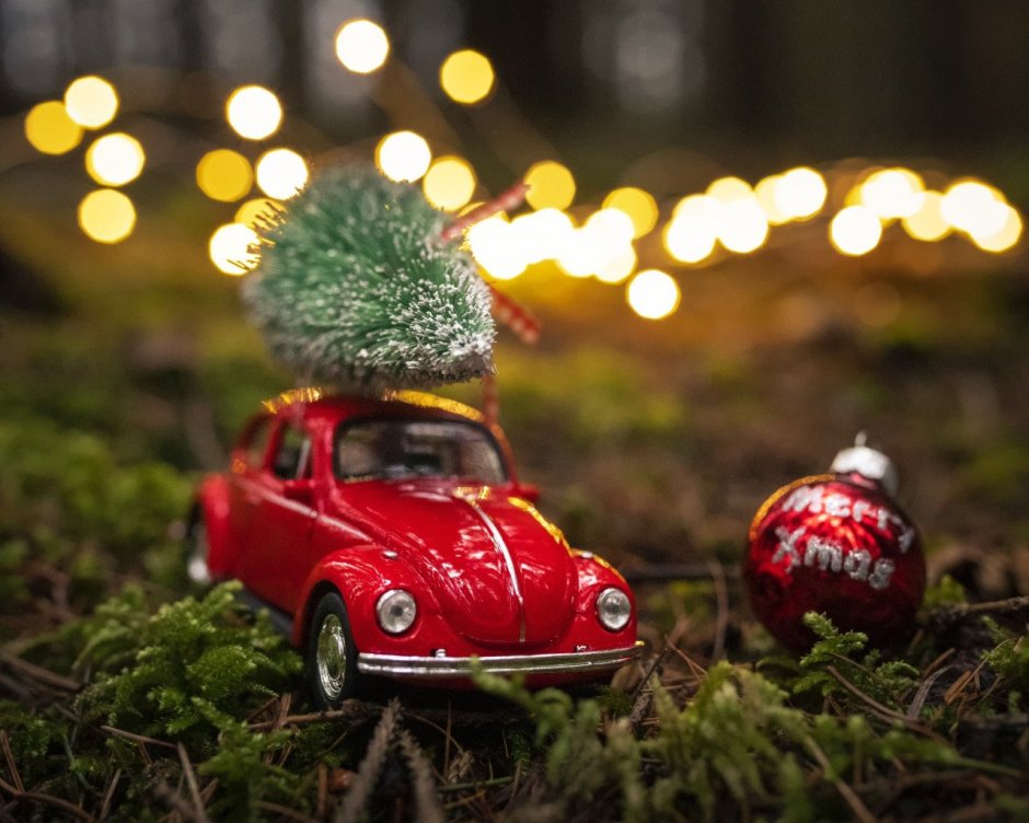 Машина под новогодней елкой