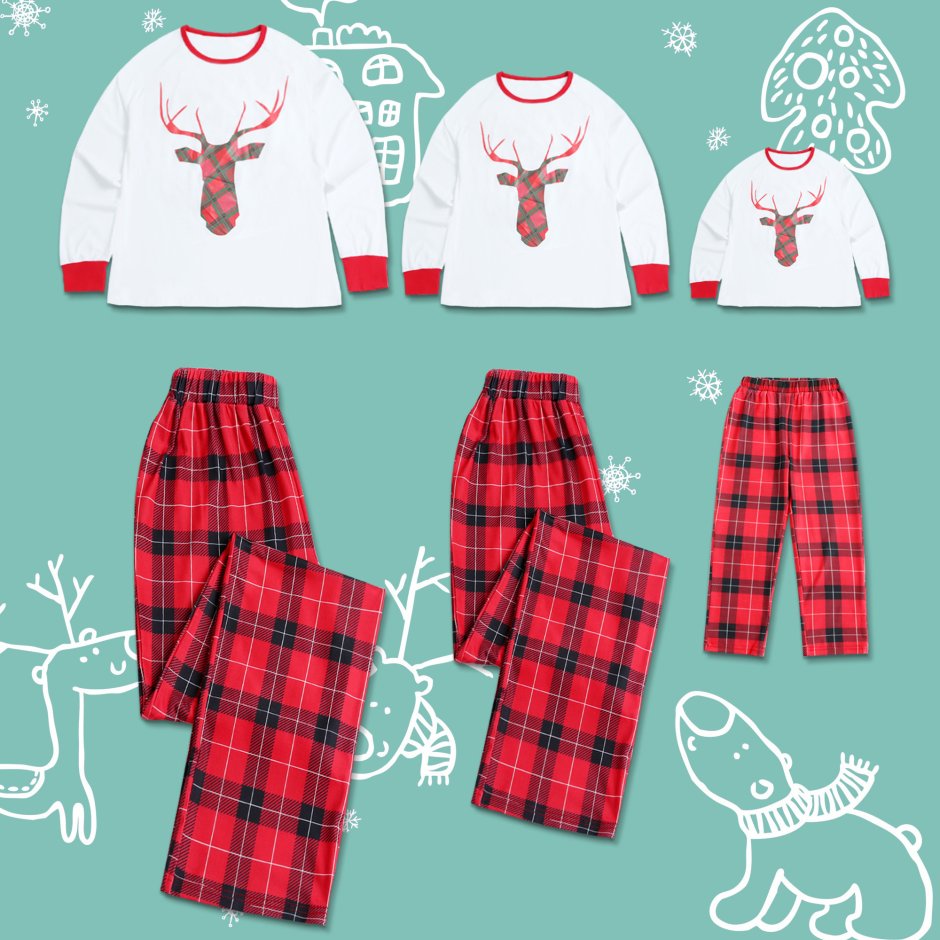 Пижама Новогодняя в клеточку с оленем детская красная