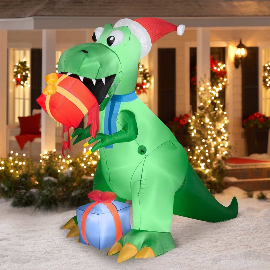 Динозавр надувной в новогодней шапке