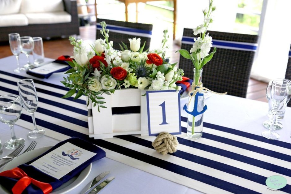 Украшение на свадьбу на стол гостей в морском стиле