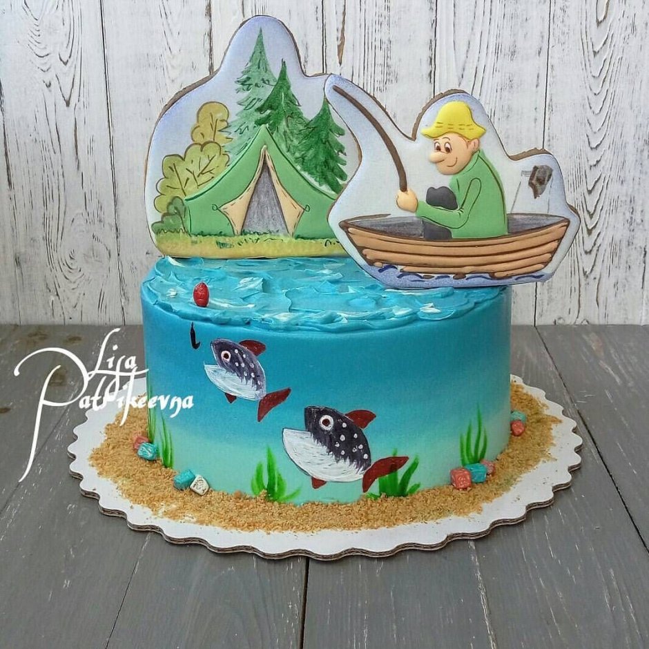 Торт с рыбаком в лодке