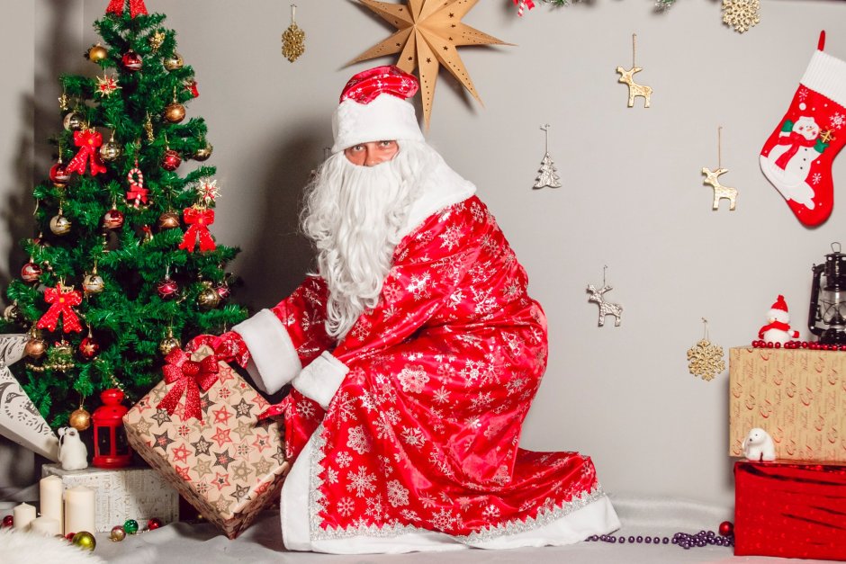 Дед Мороз кладет подарки под елку