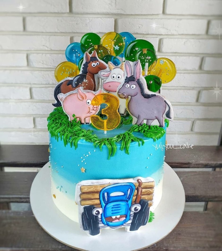 Торт синий трактор с пряниками для мальчика