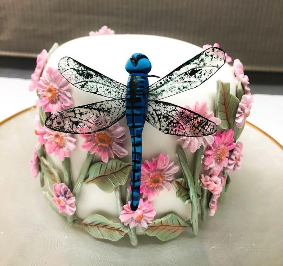 Торт со стрекозами и бабочками