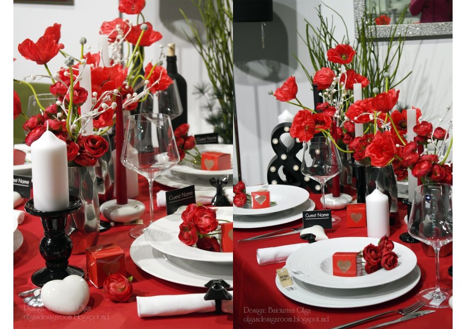 Цветы красные с приборами украшение стола