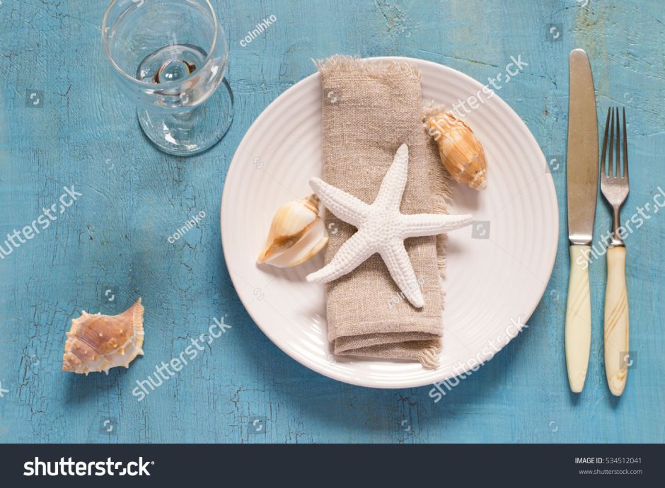 Summer Marine Style Table setting, copy Space