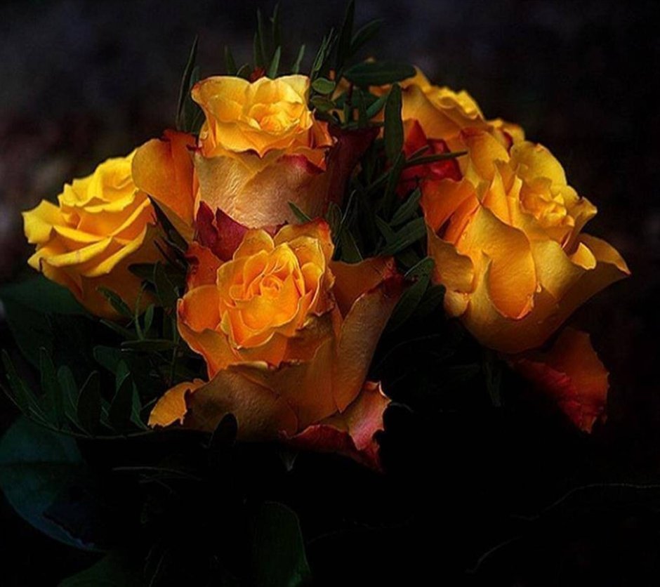 Букет желтых роз на коричневом фоне