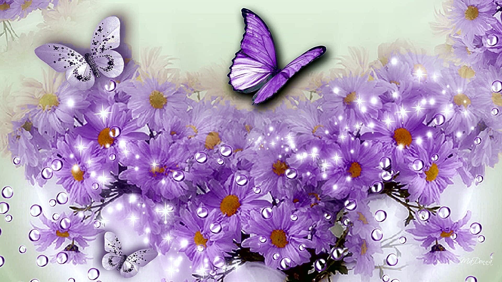 Живая открытка с цветами, бабочками и блёстками и пожеланием
