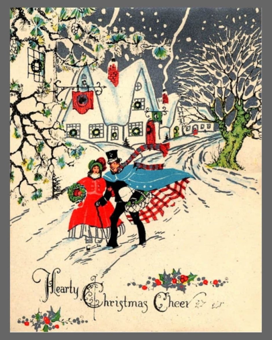Винтажная открытка с рождественским пудингом