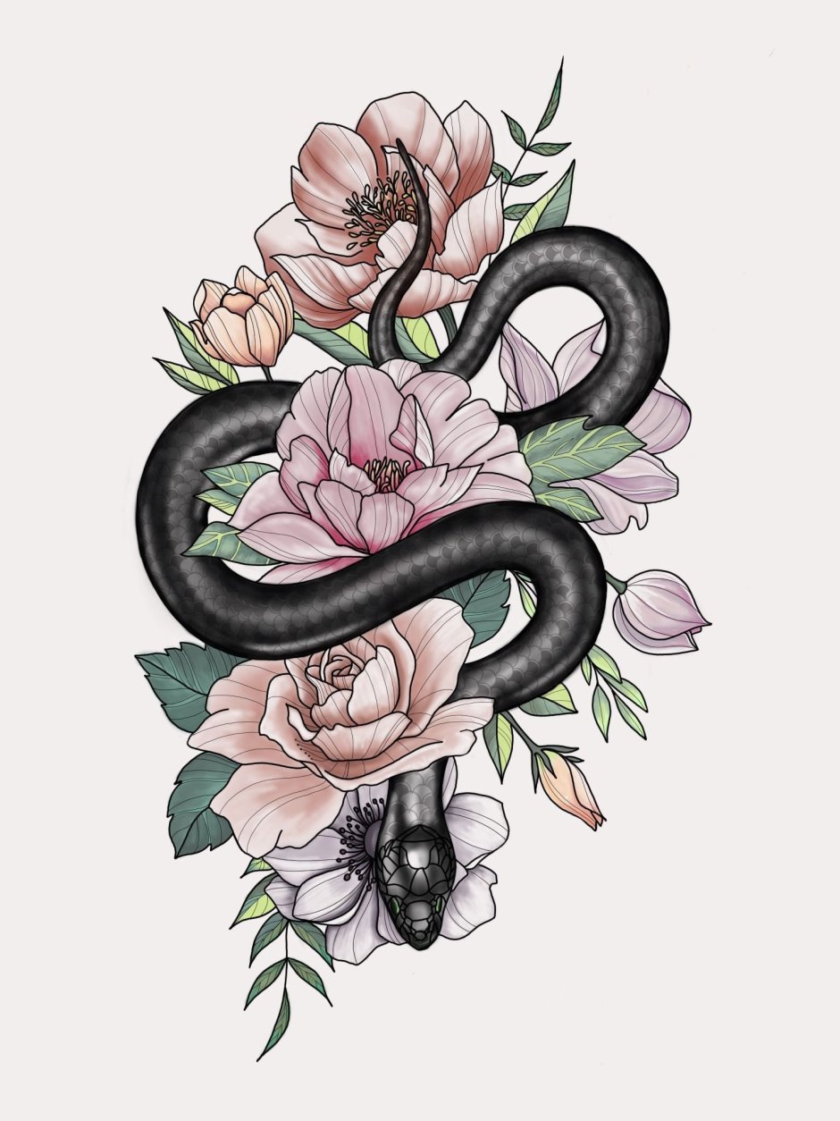 Тату змея с цветами