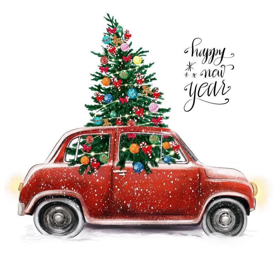 Новогодняя открытка машина с елкой