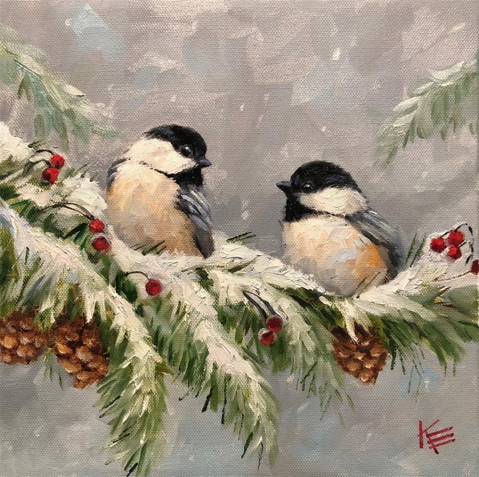 Птицы зимой живопись