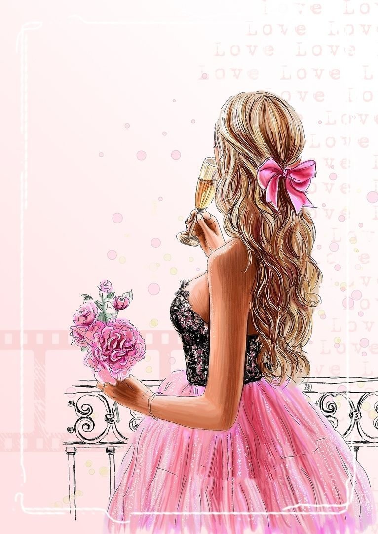 Девушка розовая с цветами нарисованная