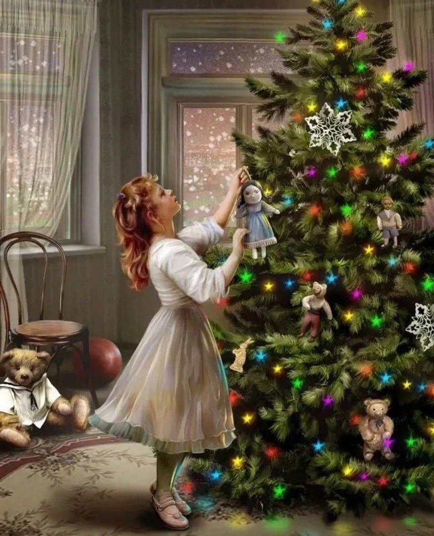 Девочка наряжает елку