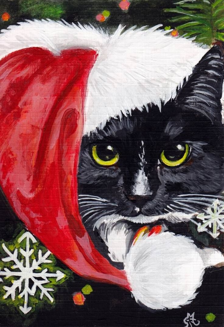 Кот в новогодней шапке рисунок