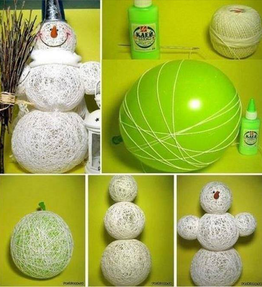 Снеговик из шаров из ниток и клея