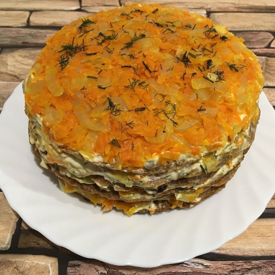 Печёночный торт рецепт с морковью и луком и шампиньонами