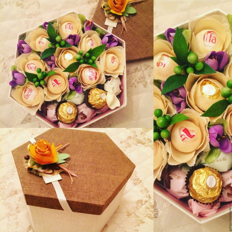 Цветы из конфет в коробке