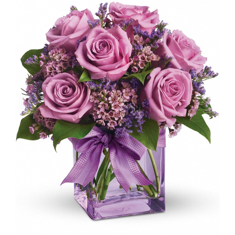 Букет фиолетовых цветов с монстерой