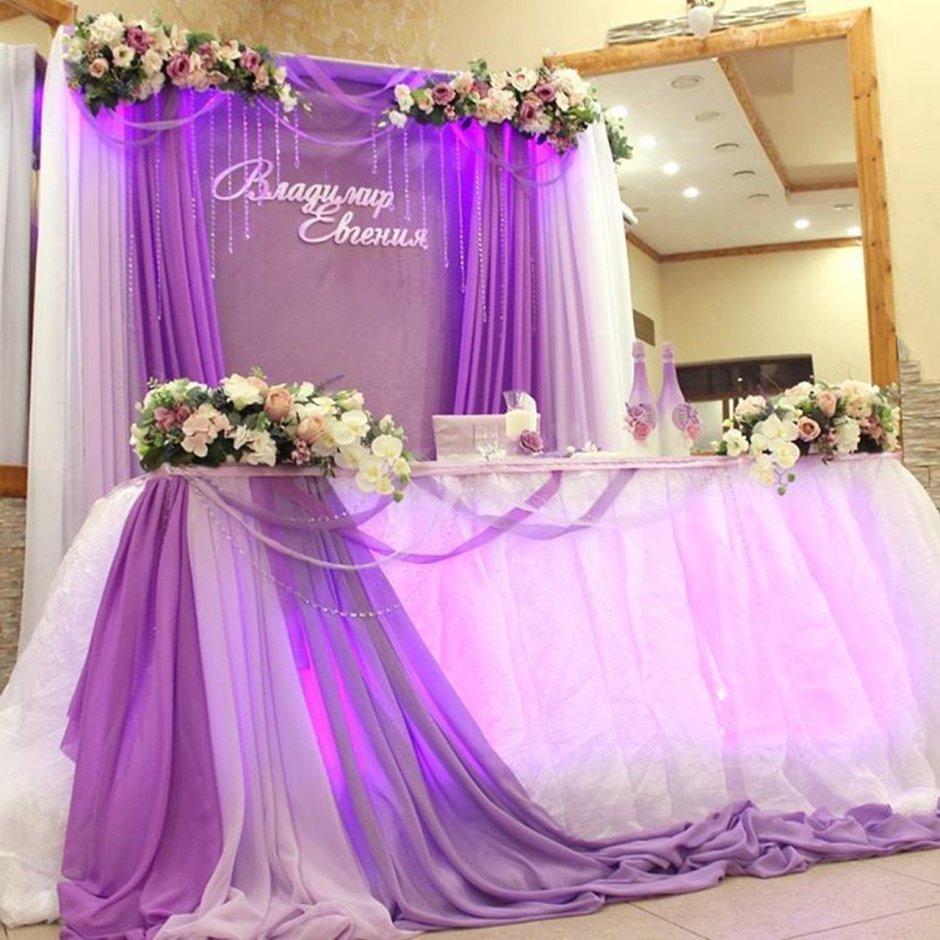Декор свадебного зала в сиреневом цвете