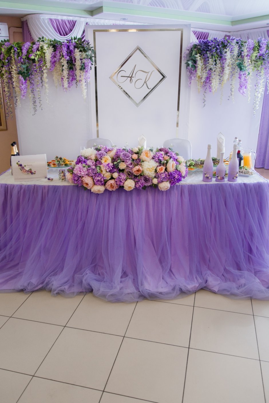 Декор свадебного зала в сиреневом цвете