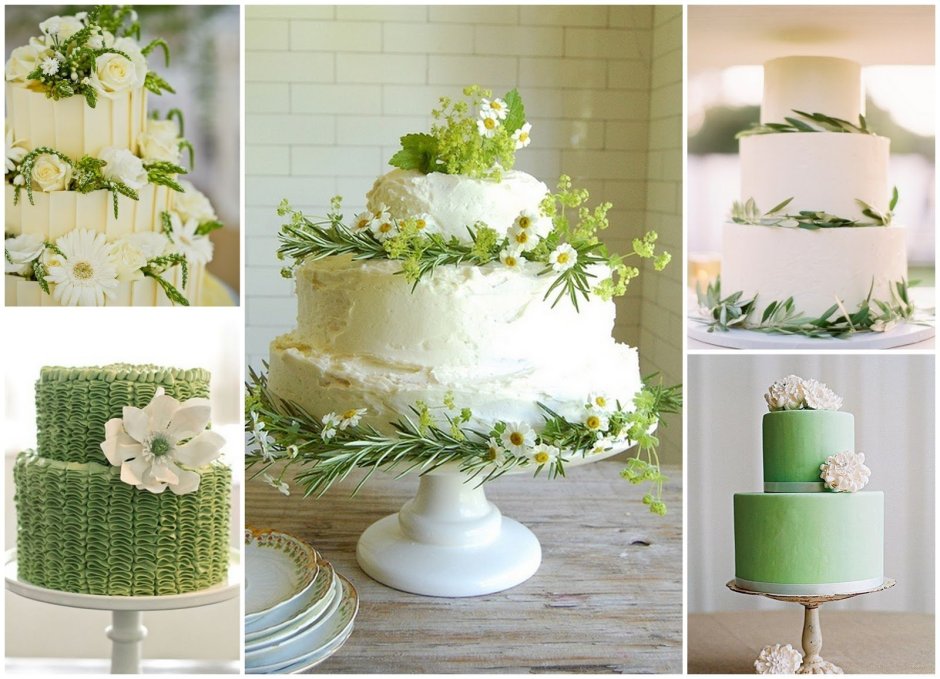 Белый торт с зеленым декором