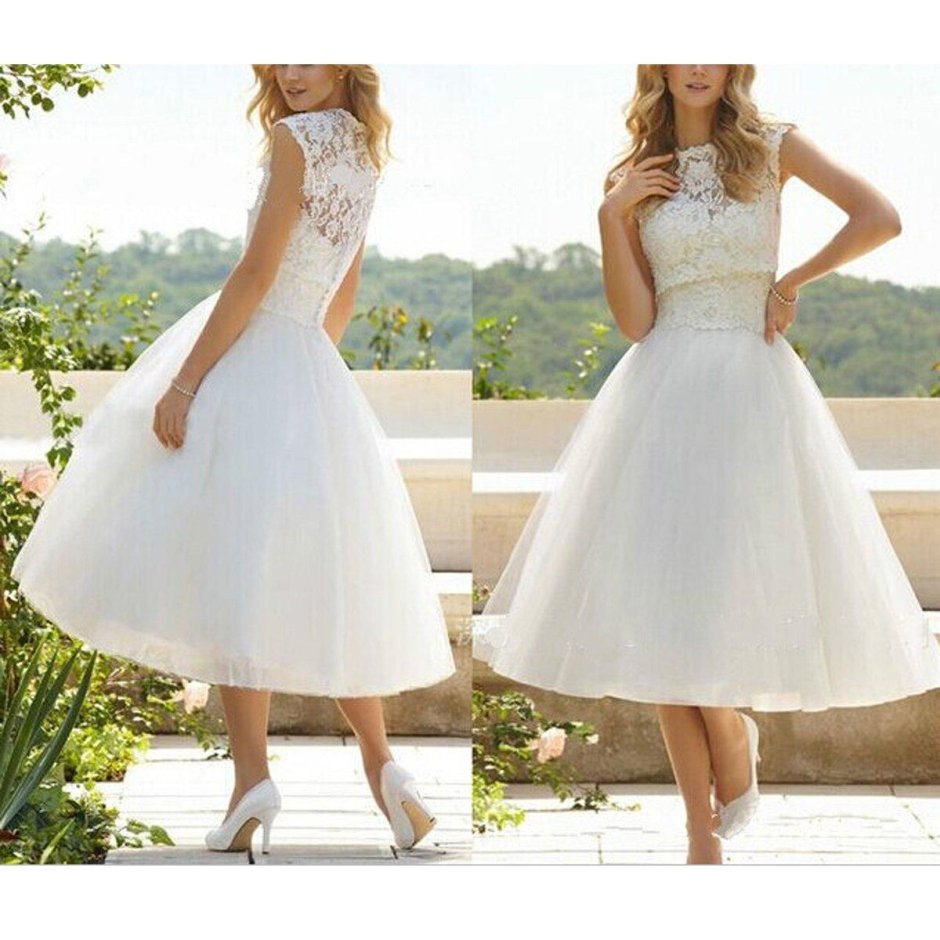 Белое платье миди свадебное