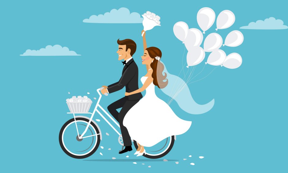 Жених и невеста на велосипеде
