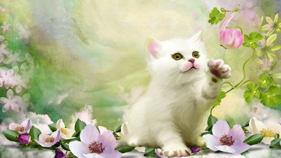 Кошечки на фоне цветов