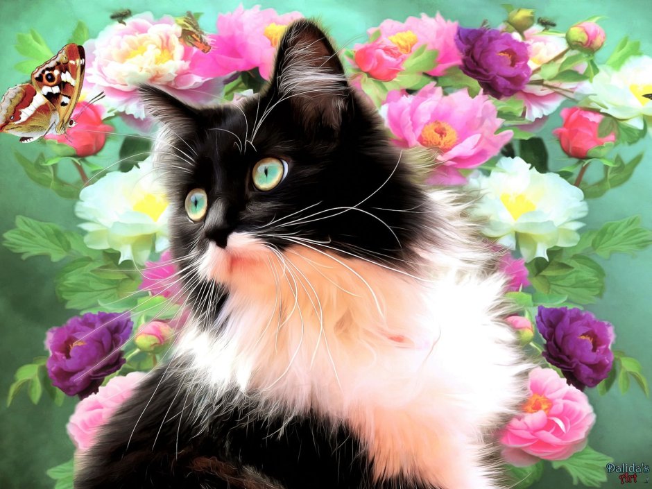 Алмазная мозаика кот с цветами