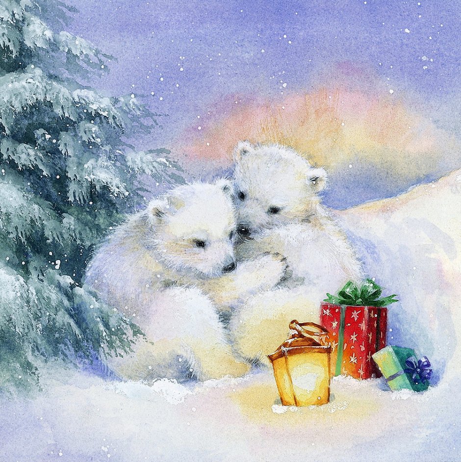 Новогодняя открытка Старая с белым медведем