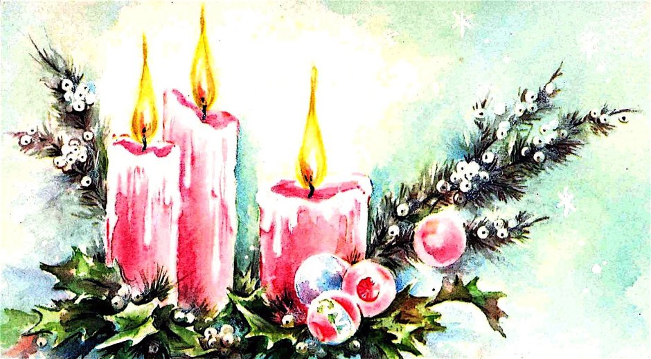 Новогодние свечи акварелью