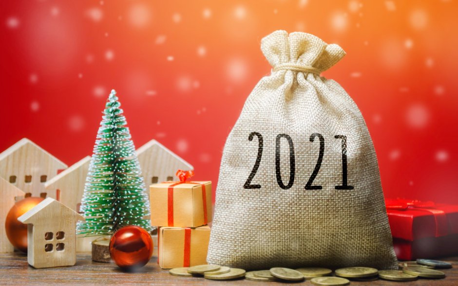 Открытка елка новый год большой размер мешок денег
