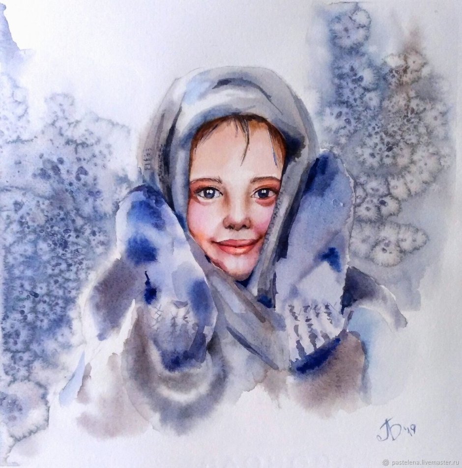 Девушка зимой акварель