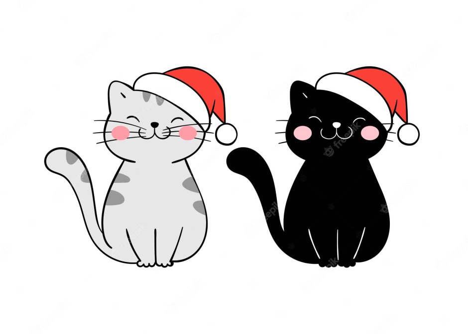 Котик в новогодней шапочке рисунок