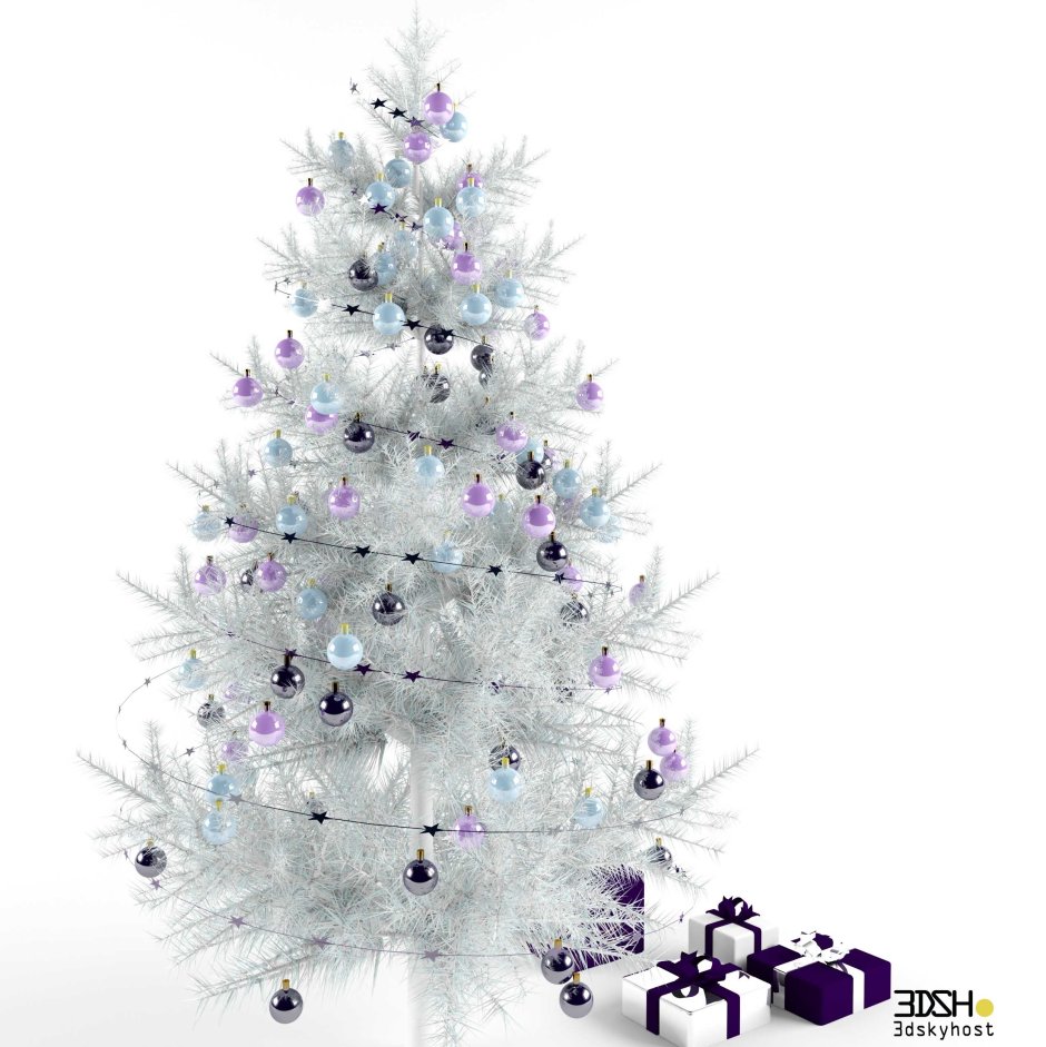 Белая елка с фиолетовыми шарами